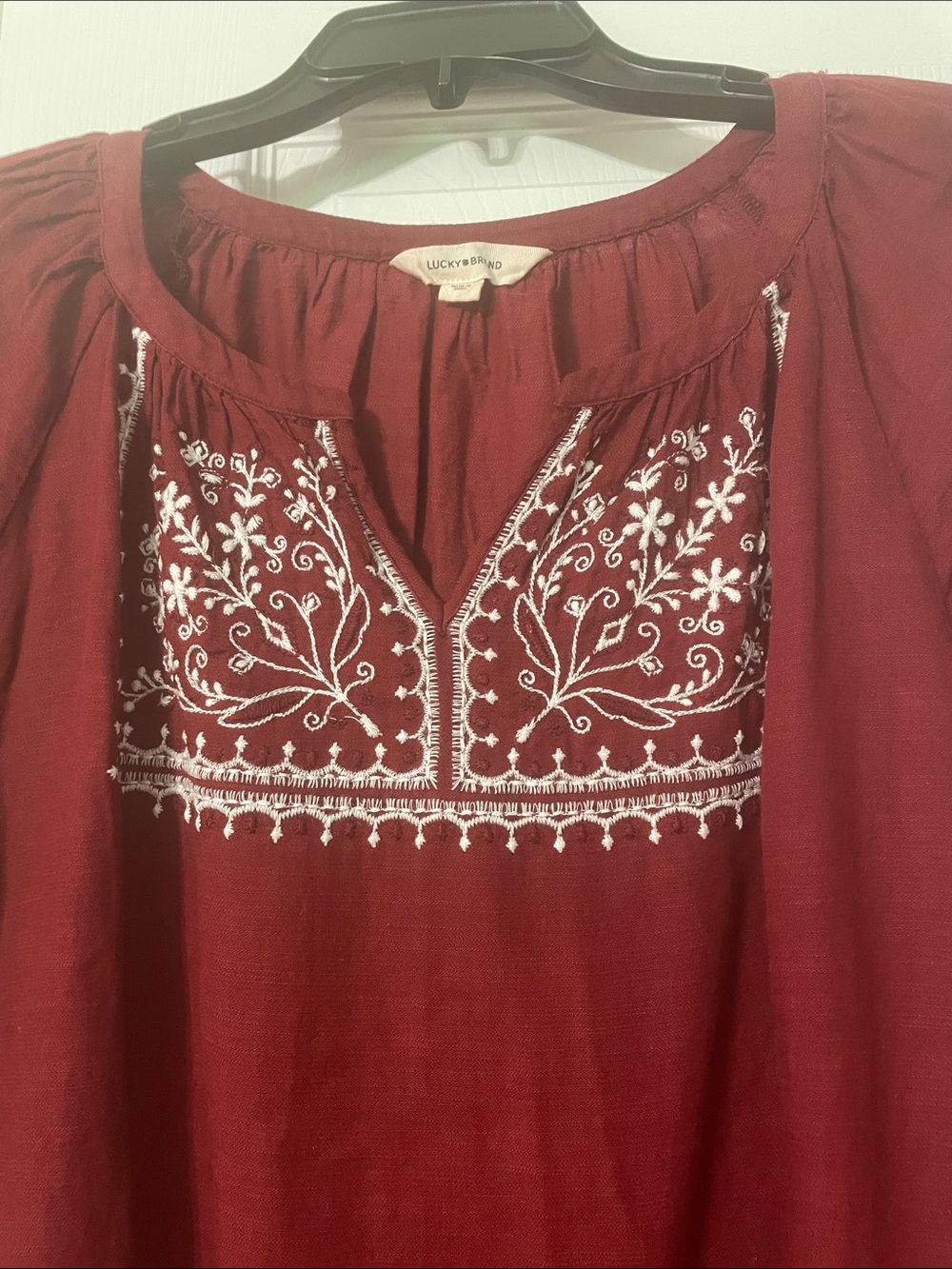 Lucky Brand Burgundy long sleeve top w/beautiful white embroidered v neck top